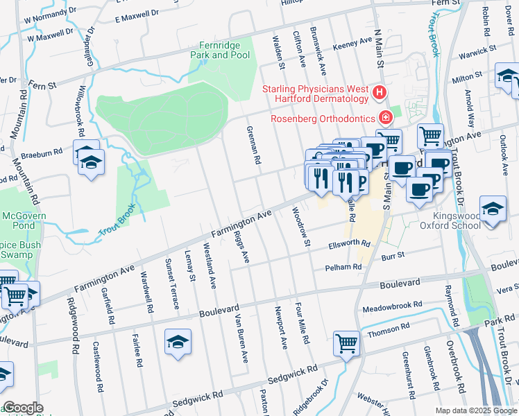 map of restaurants, bars, coffee shops, grocery stores, and more near 3 Grennan Road in West Hartford