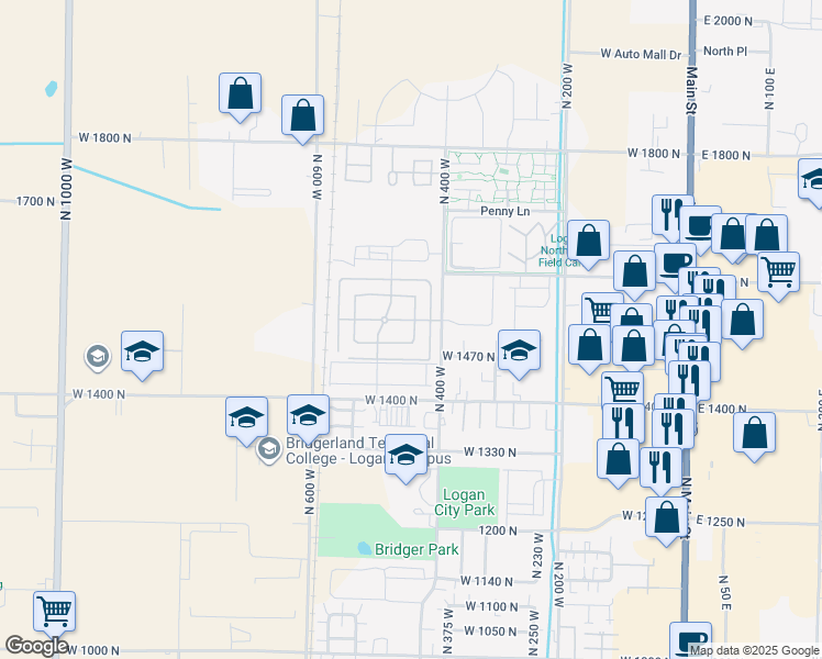 map of restaurants, bars, coffee shops, grocery stores, and more near 1515 North 450 West in Logan