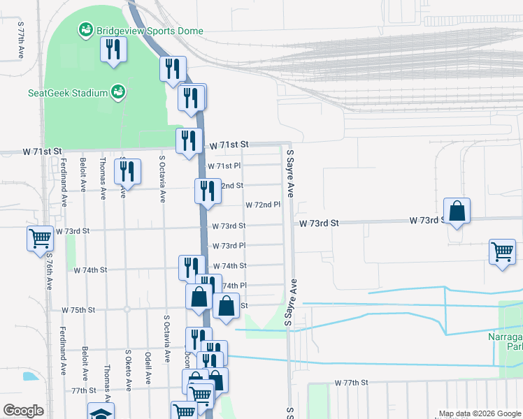 map of restaurants, bars, coffee shops, grocery stores, and more near 7029 West 72nd Place in Chicago