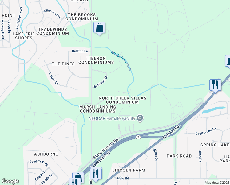 map of restaurants, bars, coffee shops, grocery stores, and more near 708 North Creek Drive in Painesville