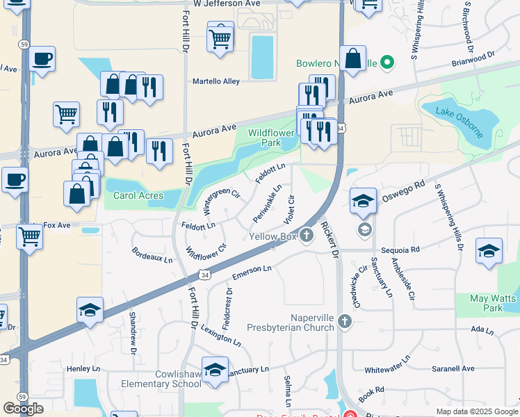 map of restaurants, bars, coffee shops, grocery stores, and more near 2147 Periwinkle Lane in Naperville