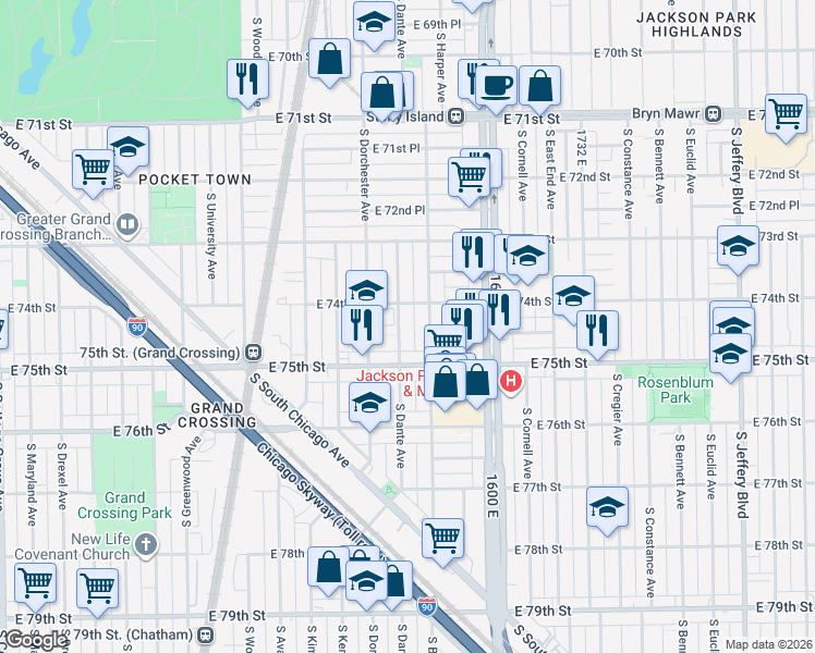 map of restaurants, bars, coffee shops, grocery stores, and more near 7415 South Dante Avenue in Chicago