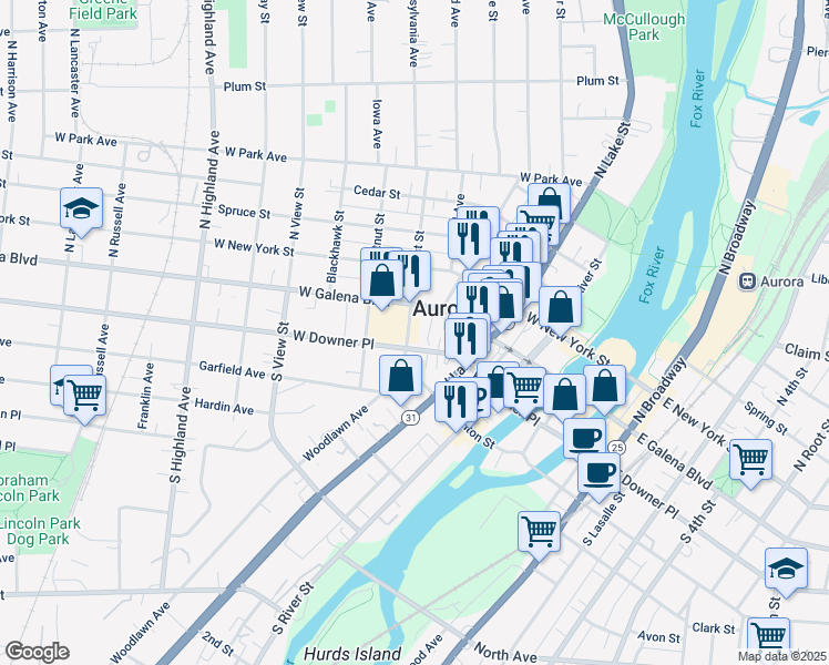 map of restaurants, bars, coffee shops, grocery stores, and more near 24 South Locust Street in Aurora