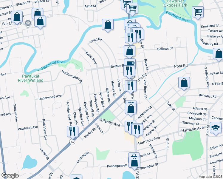 map of restaurants, bars, coffee shops, grocery stores, and more near 3 Hayward Road in Warwick