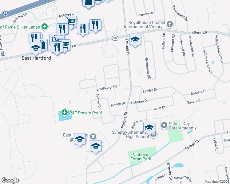 map of restaurants, bars, coffee shops, grocery stores, and more near 21 Clover Lane in East Hartford