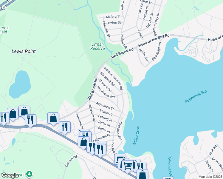 map of restaurants, bars, coffee shops, grocery stores, and more near 14 Wenonah Road in Wareham