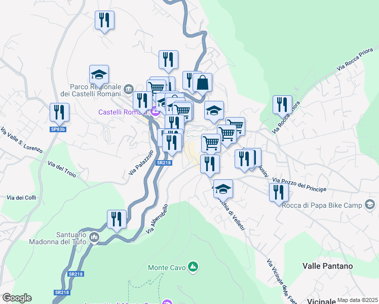 map of restaurants, bars, coffee shops, grocery stores, and more near 40 Via dell'Osservatorio in Rocca di Papa