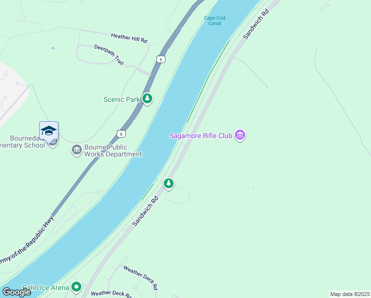map of restaurants, bars, coffee shops, grocery stores, and more near Sandwich Road in Bourne