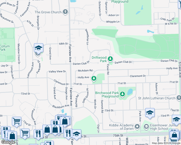 map of restaurants, bars, coffee shops, grocery stores, and more near 1809 McAdam Road in Darien