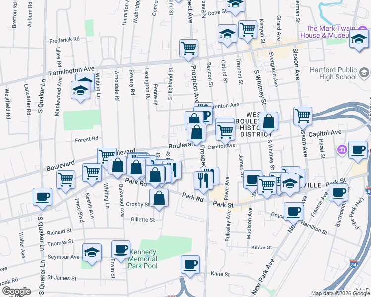 map of restaurants, bars, coffee shops, grocery stores, and more near 1061 Boulevard in West Hartford