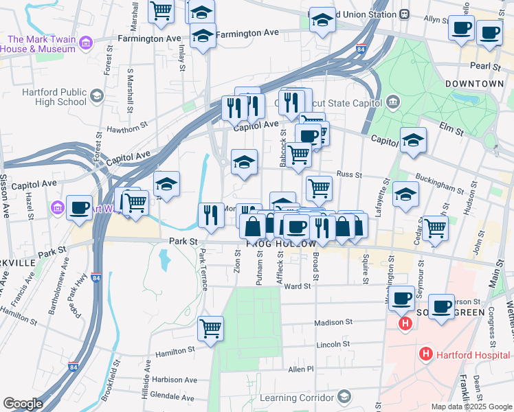 map of restaurants, bars, coffee shops, grocery stores, and more near 16 Mortson Street in Hartford