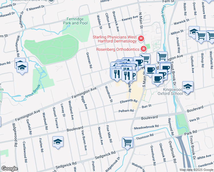 map of restaurants, bars, coffee shops, grocery stores, and more near 6 Woodrow Street in West Hartford