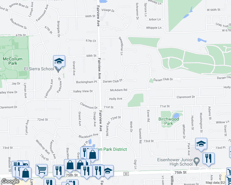 map of restaurants, bars, coffee shops, grocery stores, and more near 1905 McAdam Road in Darien