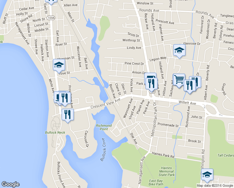 map of restaurants, bars, coffee shops, grocery stores, and more near 10 Claire Street in East Providence