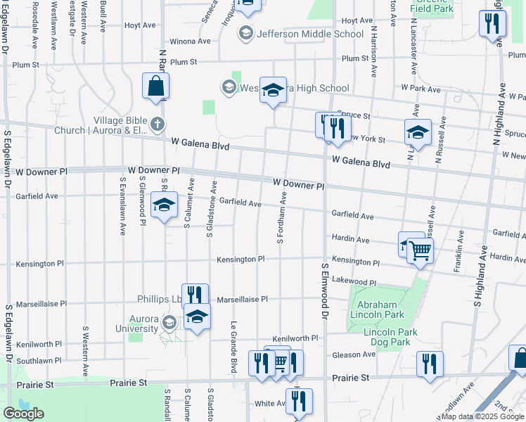 map of restaurants, bars, coffee shops, grocery stores, and more near 1122 Garfield Avenue in Aurora