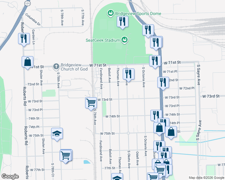 map of restaurants, bars, coffee shops, grocery stores, and more near 7225 Beloit Avenue in Bridgeview