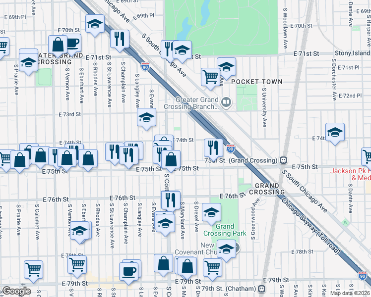 map of restaurants, bars, coffee shops, grocery stores, and more near 7417 South Maryland Avenue in Chicago