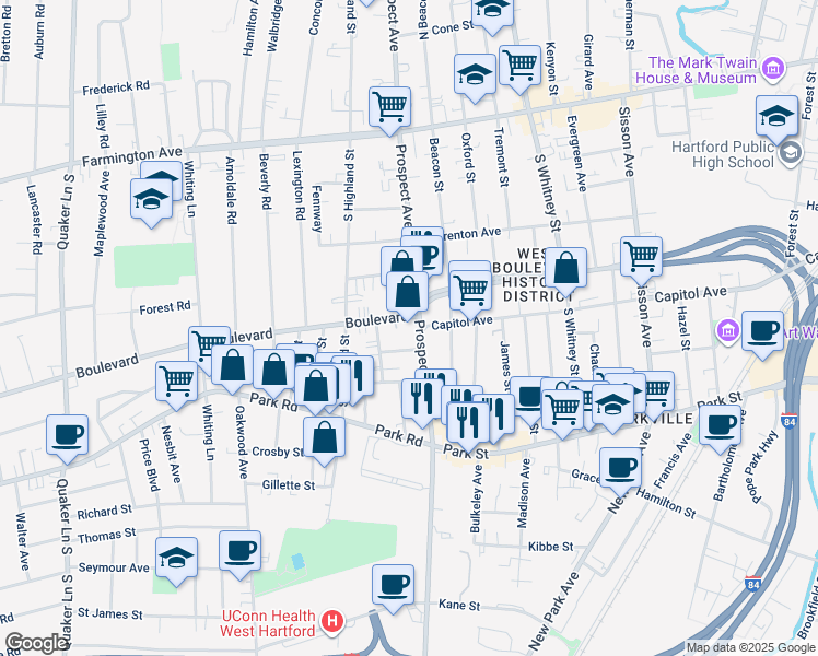 map of restaurants, bars, coffee shops, grocery stores, and more near 1037 Boulevard in West Hartford