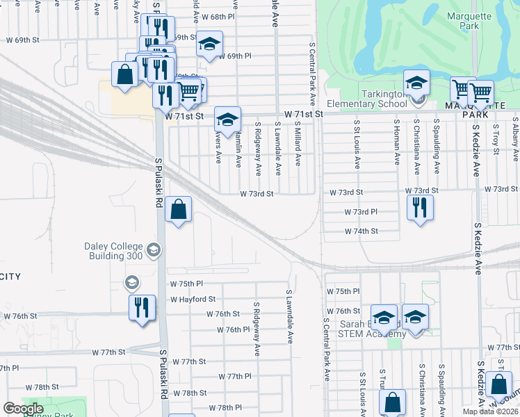 map of restaurants, bars, coffee shops, grocery stores, and more near 3701 West 73rd Street in Chicago