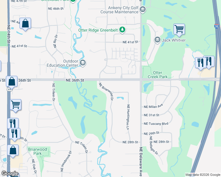 map of restaurants, bars, coffee shops, grocery stores, and more near 3401 Northeast Briarwood Drive in Ankeny