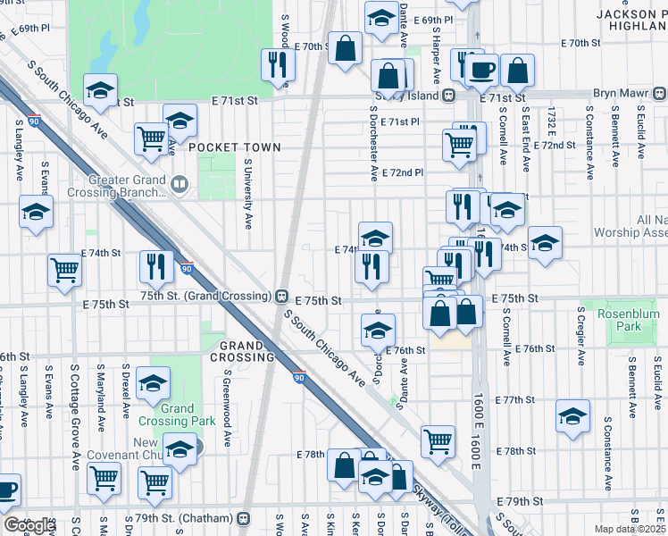 map of restaurants, bars, coffee shops, grocery stores, and more near 7418 South Kenwood Avenue in Chicago