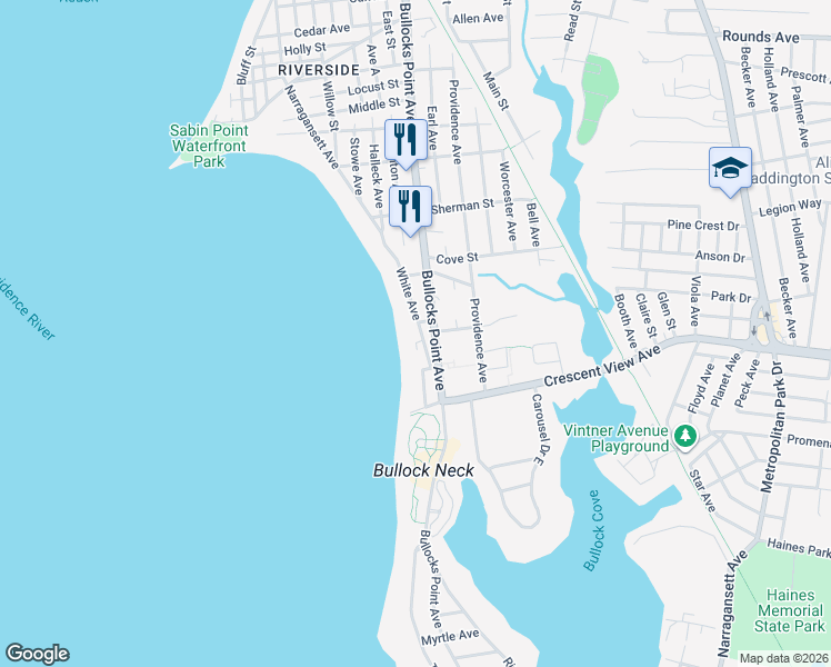 map of restaurants, bars, coffee shops, grocery stores, and more near 65 White Avenue in East Providence