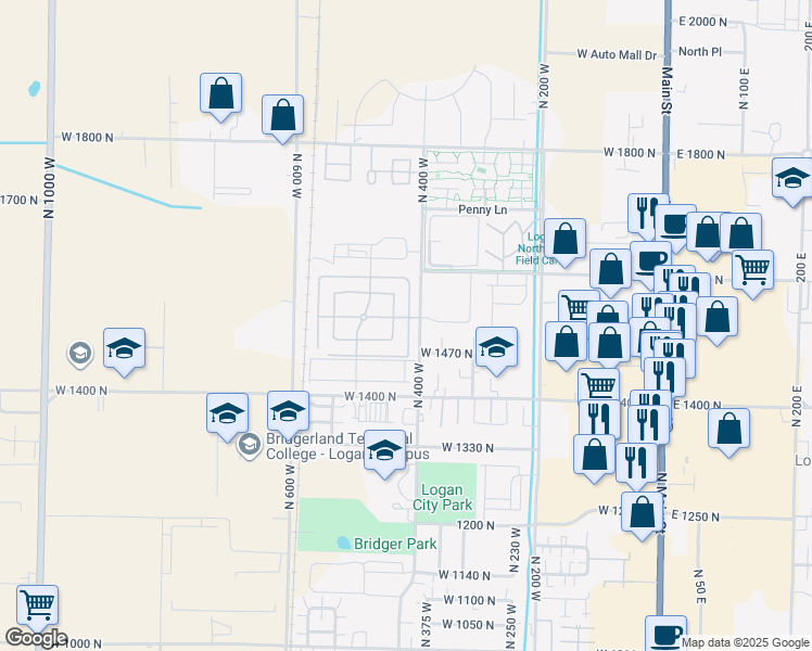 map of restaurants, bars, coffee shops, grocery stores, and more near 1520 North 450 West in Logan