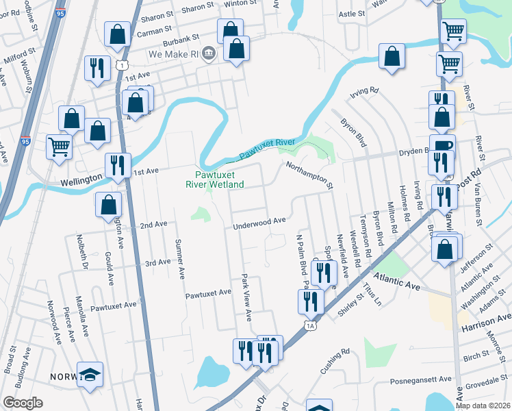 map of restaurants, bars, coffee shops, grocery stores, and more near 11 Pensacola Street in Warwick