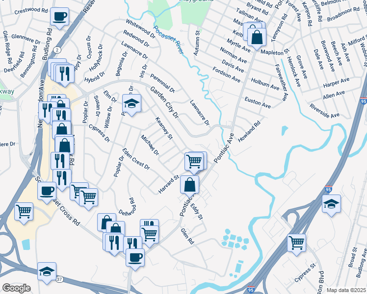 map of restaurants, bars, coffee shops, grocery stores, and more near 97 Capuano Avenue in Cranston