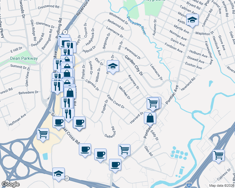 map of restaurants, bars, coffee shops, grocery stores, and more near 30 Laurelhurst Road in Cranston