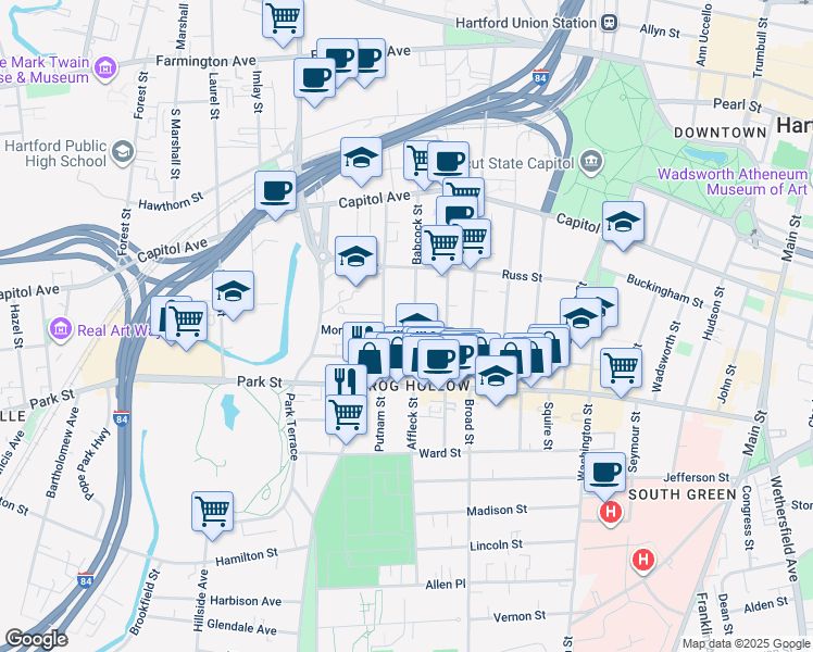 map of restaurants, bars, coffee shops, grocery stores, and more near in Hartford