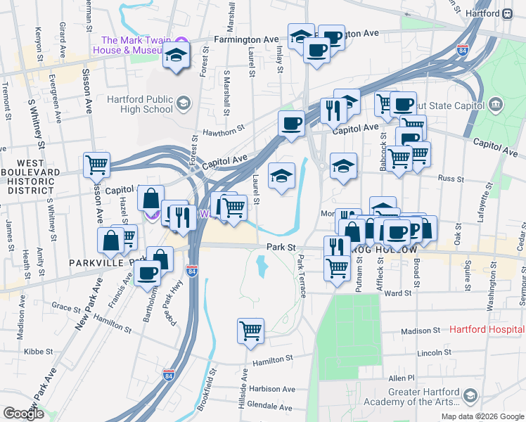 map of restaurants, bars, coffee shops, grocery stores, and more near 16 Park Place in Hartford