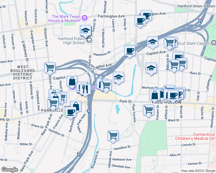 map of restaurants, bars, coffee shops, grocery stores, and more near 25 Laurel Street in Hartford