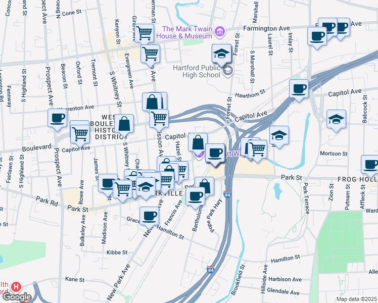 map of restaurants, bars, coffee shops, grocery stores, and more near 19 Arbor Street in Hartford
