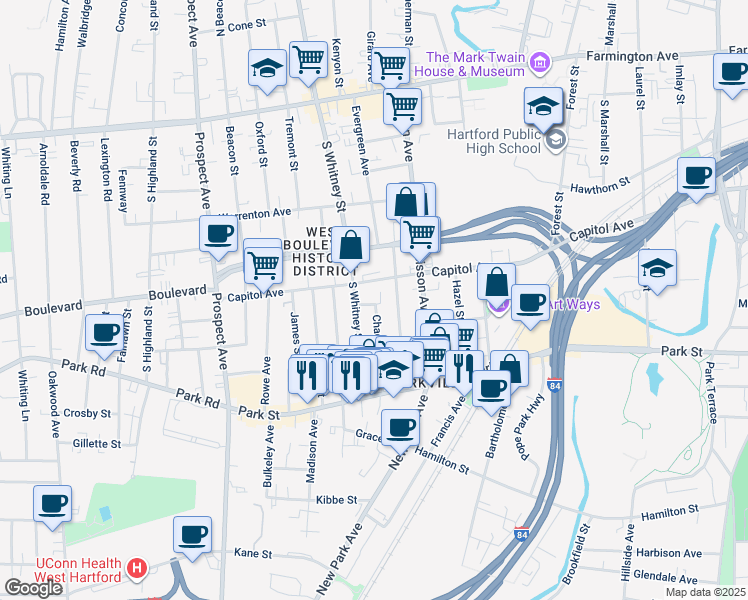 map of restaurants, bars, coffee shops, grocery stores, and more near 81 Newton Street in Hartford