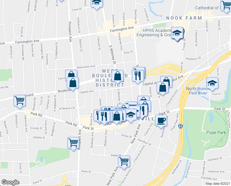 map of restaurants, bars, coffee shops, grocery stores, and more near 75 South Whitney Street in Hartford