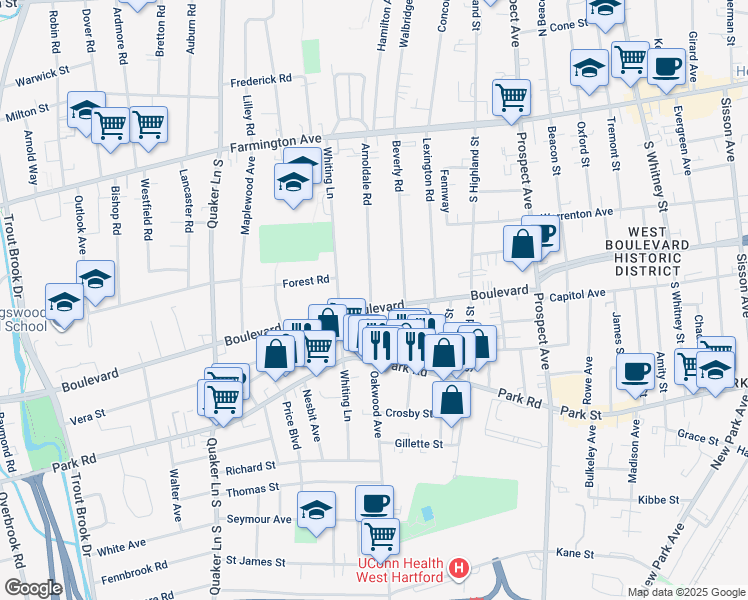 map of restaurants, bars, coffee shops, grocery stores, and more near 73 Arnoldale Road in West Hartford