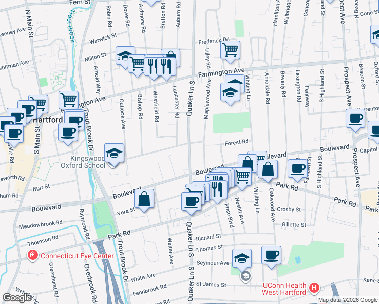 map of restaurants, bars, coffee shops, grocery stores, and more near 9 Kingswood Road in West Hartford