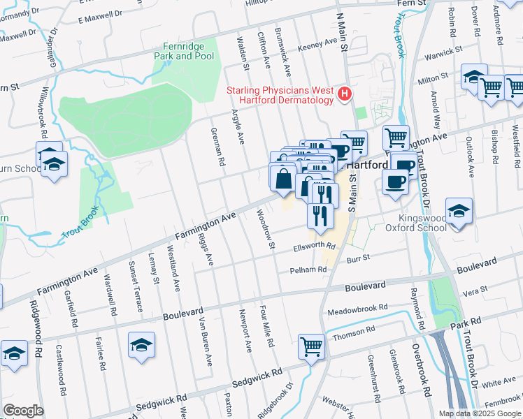 map of restaurants, bars, coffee shops, grocery stores, and more near 1033 Farmington Avenue in West Hartford