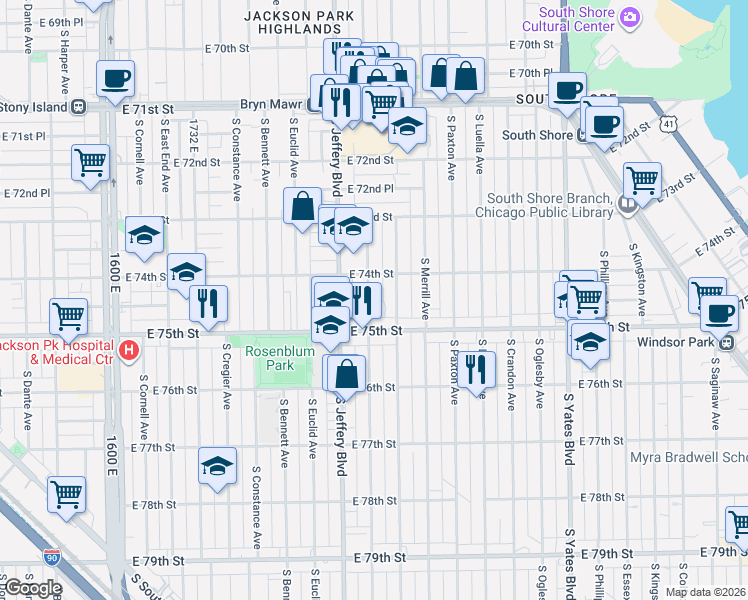 map of restaurants, bars, coffee shops, grocery stores, and more near 7425 South Chappel Avenue in Chicago