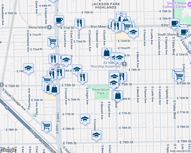 map of restaurants, bars, coffee shops, grocery stores, and more near 7421 South Bennett Avenue in Chicago