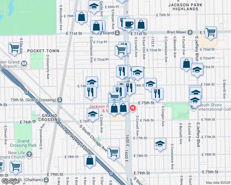 map of restaurants, bars, coffee shops, grocery stores, and more near 7419 South Blackstone Avenue in Chicago
