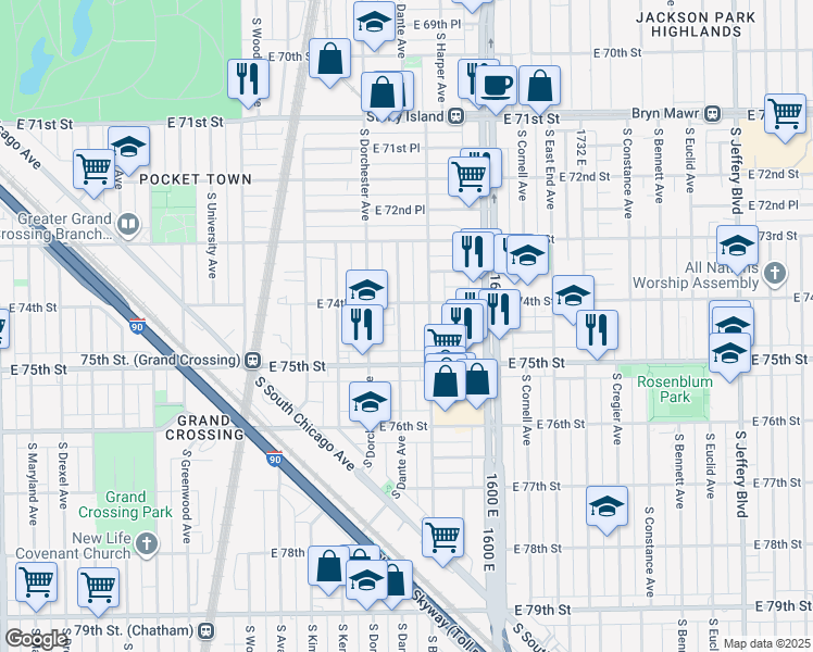 map of restaurants, bars, coffee shops, grocery stores, and more near 7415 South Dante Avenue in Chicago