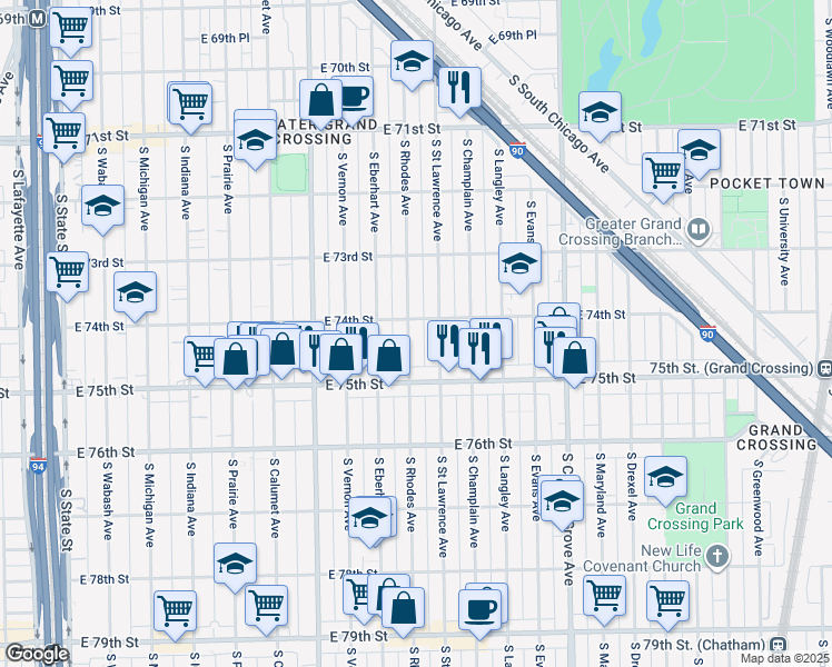 map of restaurants, bars, coffee shops, grocery stores, and more near 7406 South Saint Lawrence Avenue in Chicago