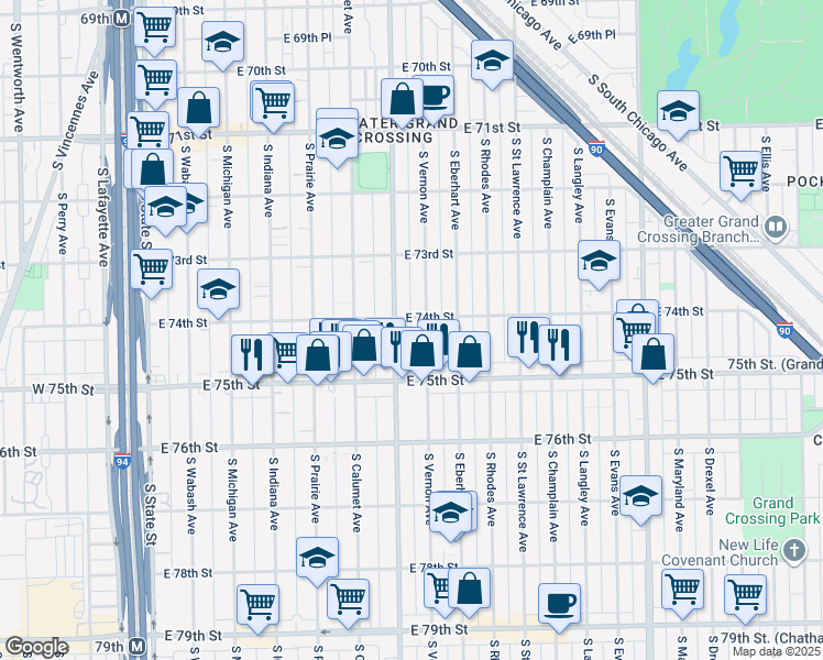 map of restaurants, bars, coffee shops, grocery stores, and more near 7407 South Doctor Martin Luther King Junior Drive in Chicago