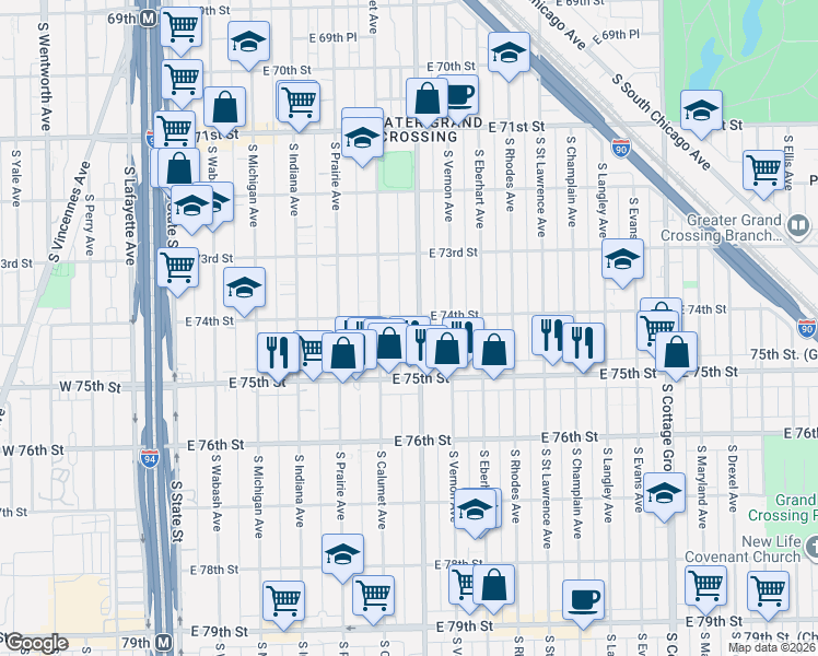 map of restaurants, bars, coffee shops, grocery stores, and more near 7407 South Doctor Martin Luther King Junior Drive in Chicago