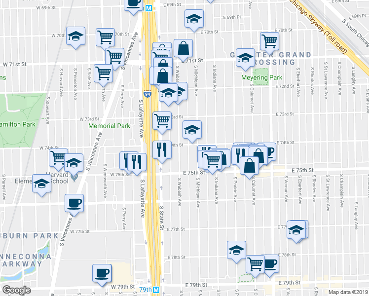 map of restaurants, bars, coffee shops, grocery stores, and more near 61 East 74th Street in Chicago