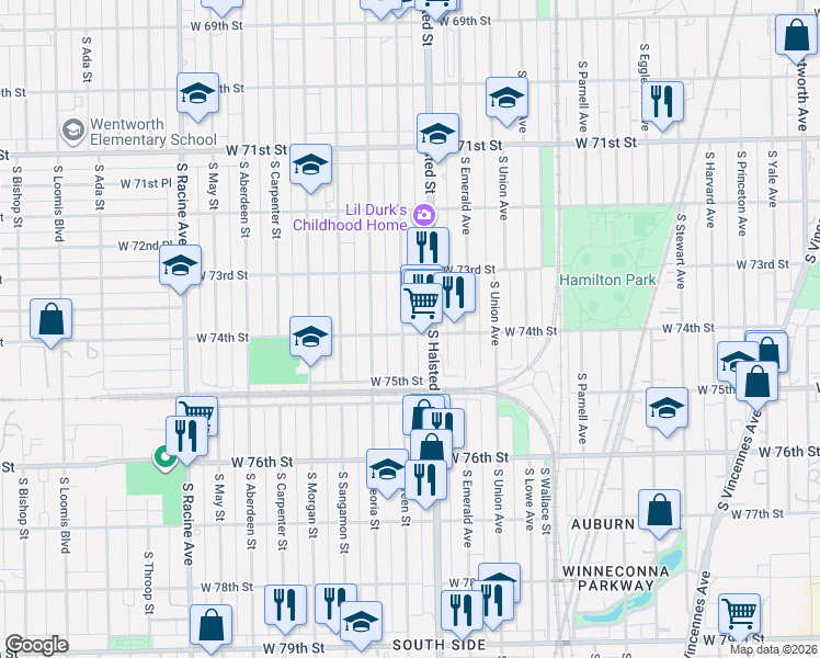 map of restaurants, bars, coffee shops, grocery stores, and more near 7352 South Halsted Street in Chicago