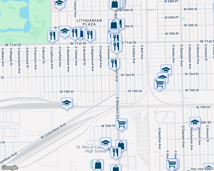 map of restaurants, bars, coffee shops, grocery stores, and more near 7333 South Artesian Avenue in Chicago