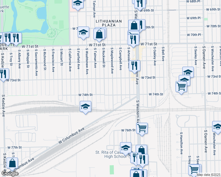 map of restaurants, bars, coffee shops, grocery stores, and more near 7330 South Maplewood Avenue in Chicago